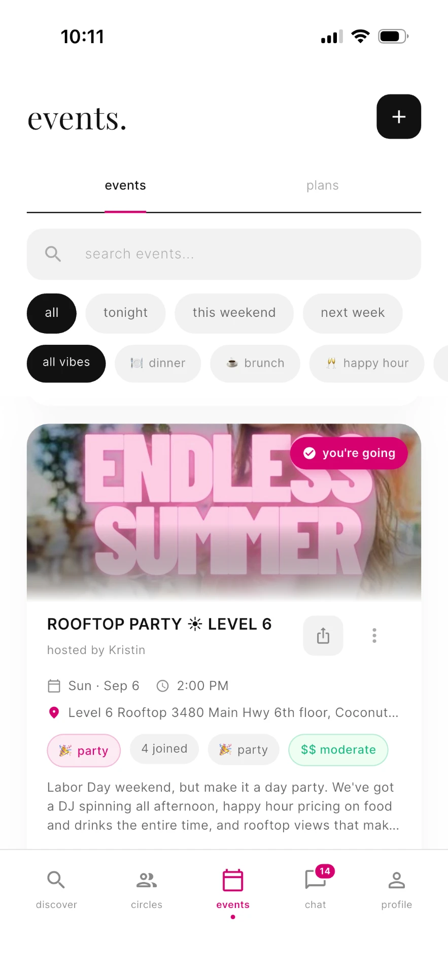Dear Bestie events screen showing a rooftop party