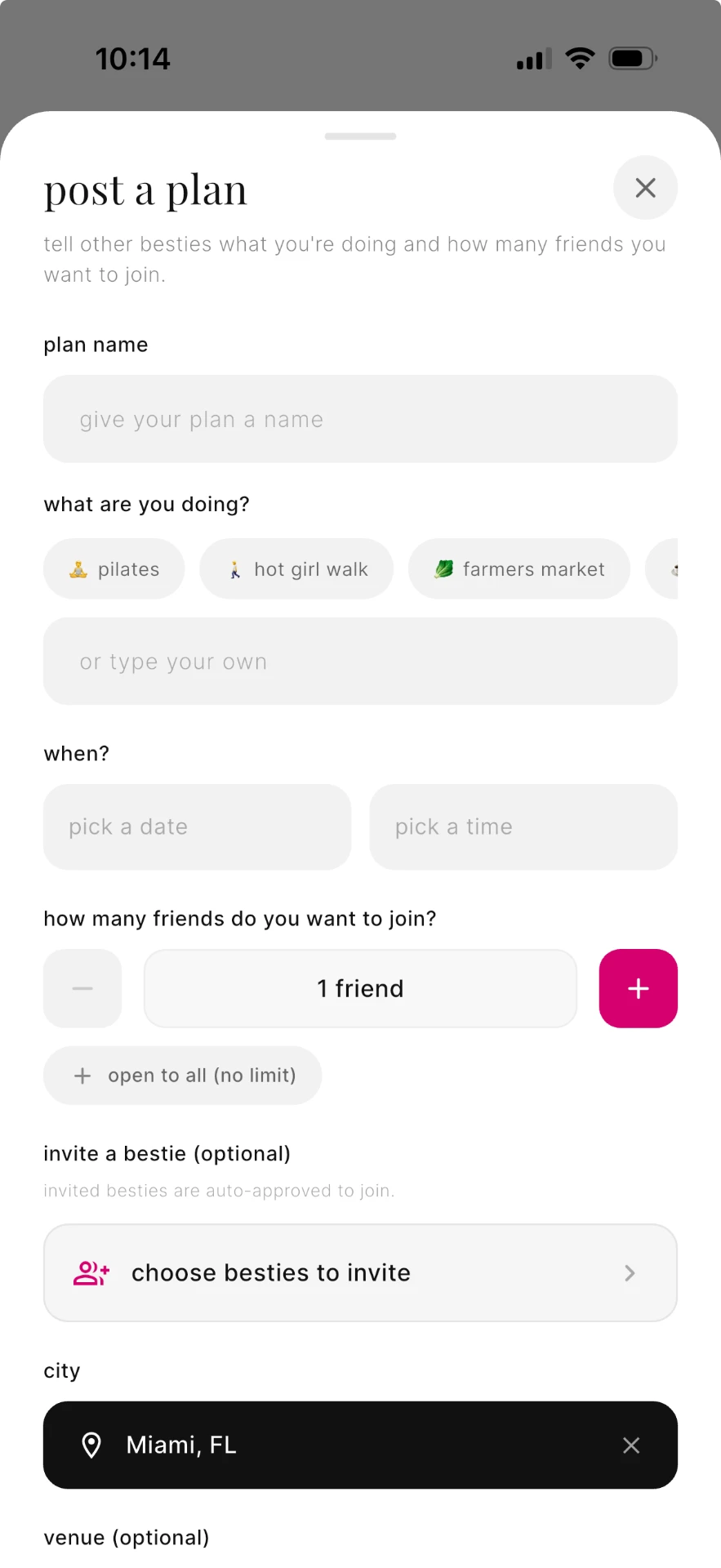 Dear Bestie post a plan screen