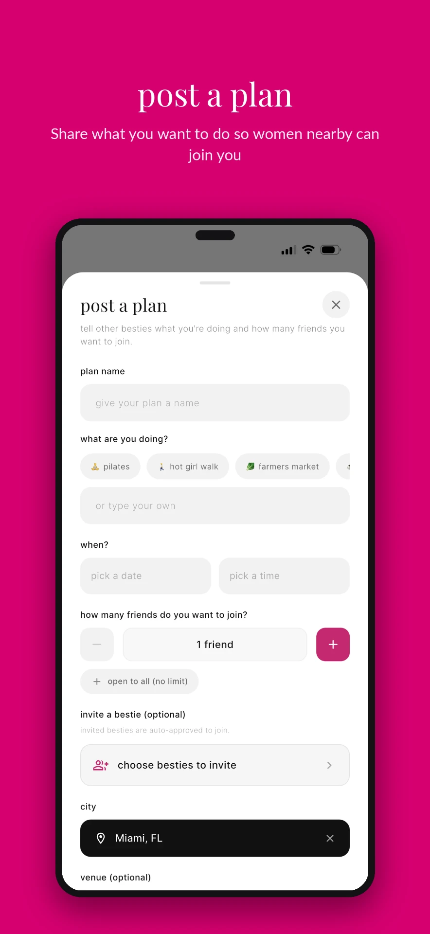 dear bestie post a plan screen to invite friends nearby