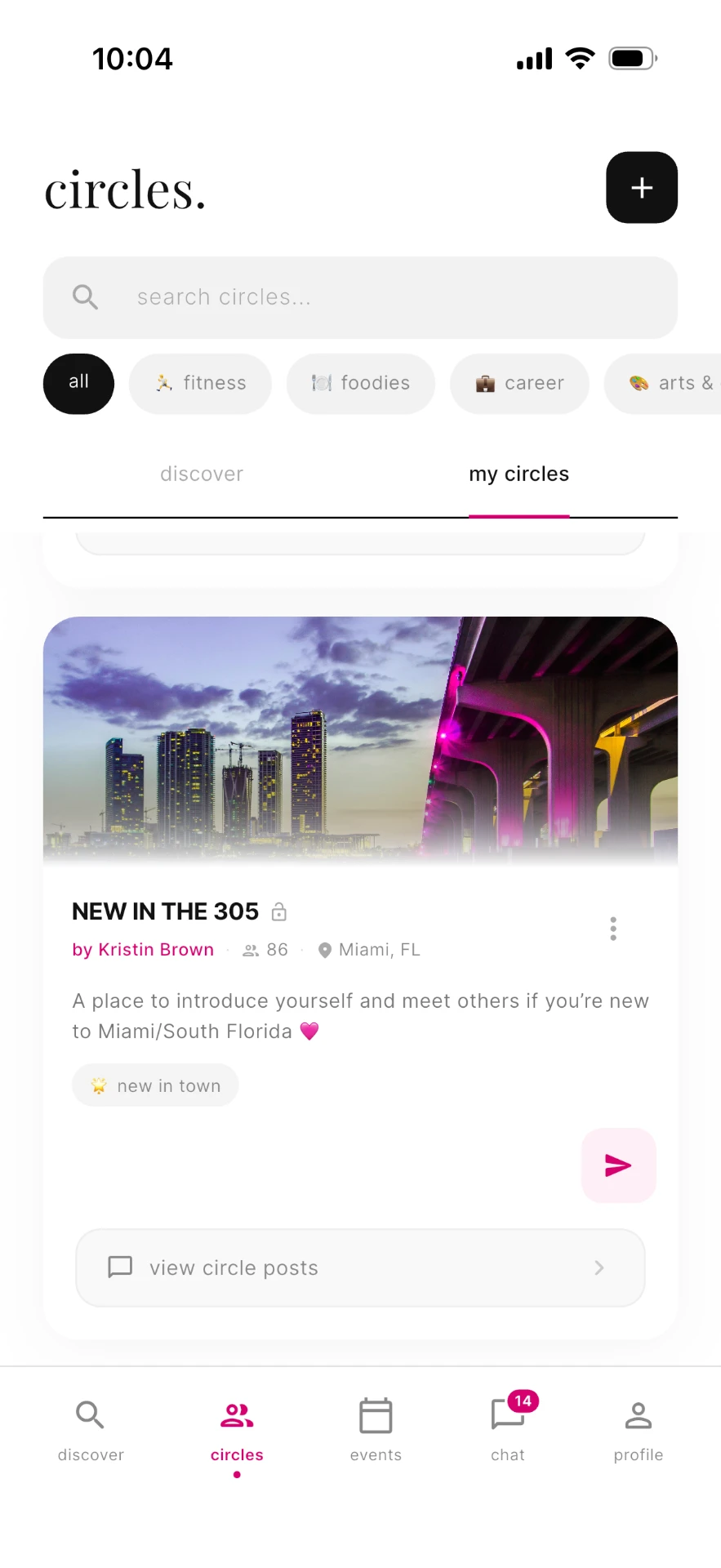 Dear Bestie circles screen showing a group for women new to Miami