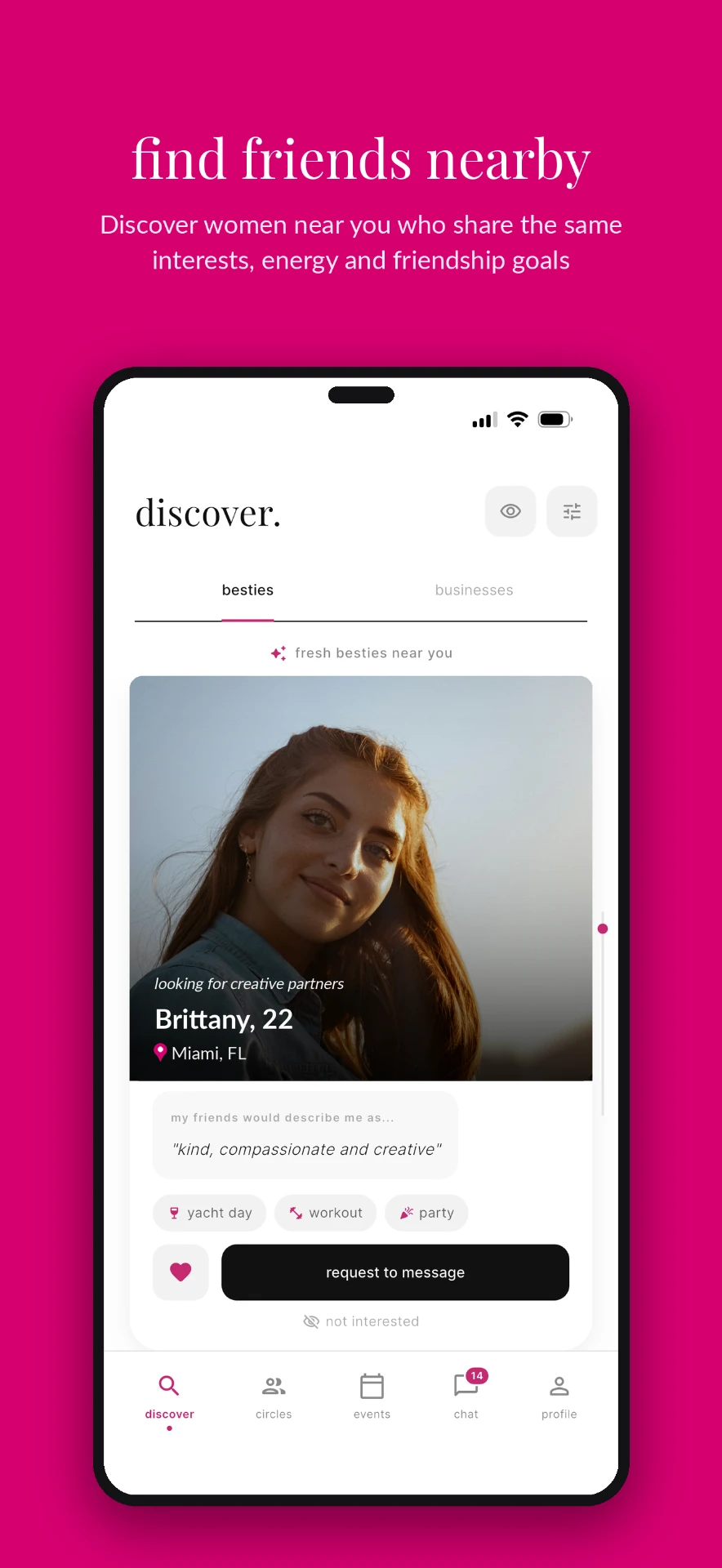 dear bestie discover screen showing verified women nearby