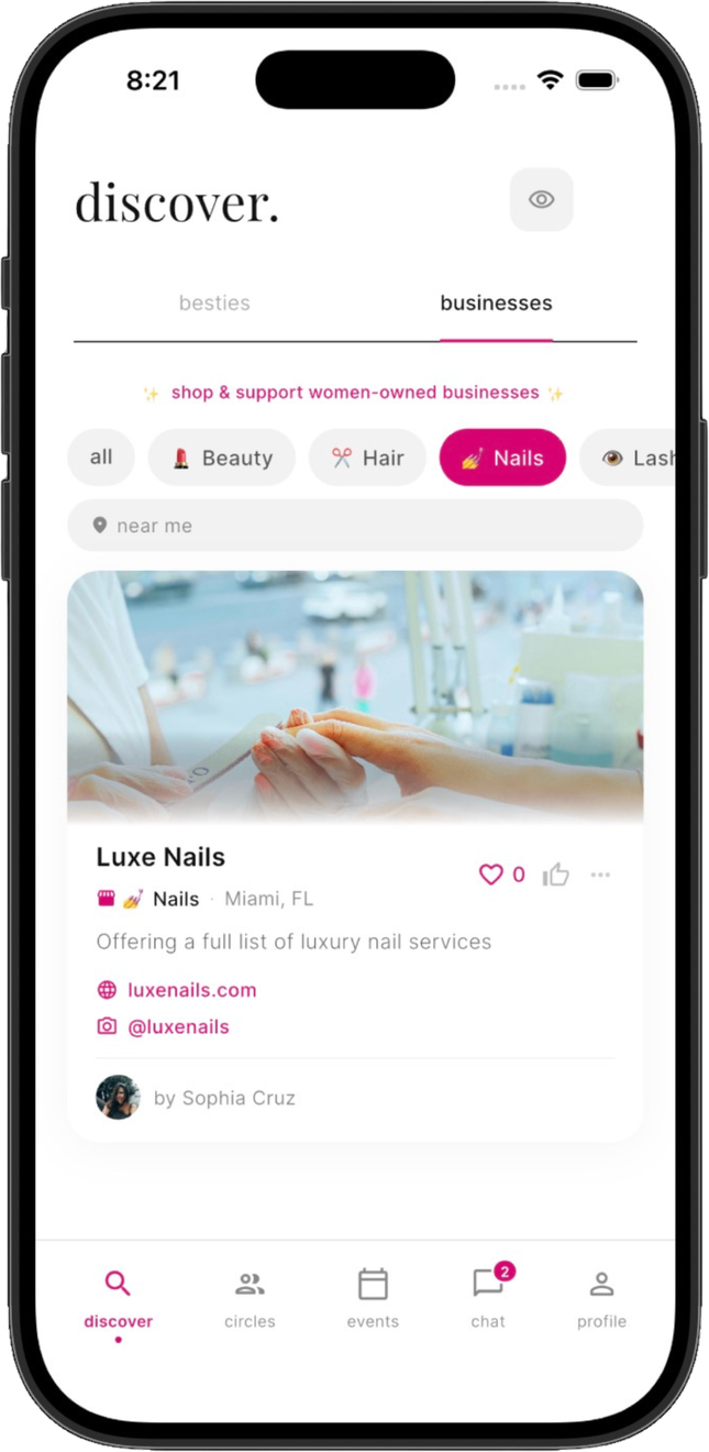 Dear Bestie discover screen showing women-owned businesses