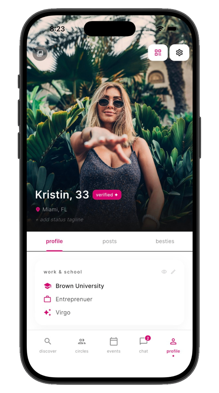 dear bestie app profile screen showing Kristin, verified member