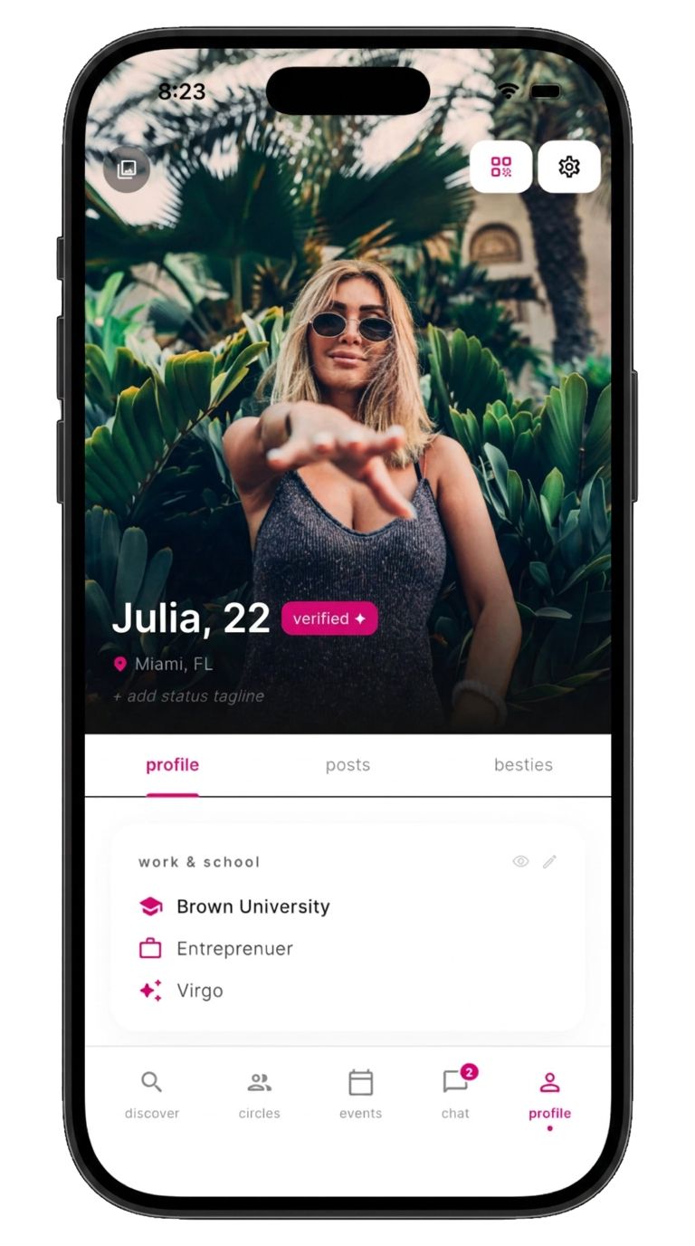 dear bestie app profile screen showing Julia, verified member